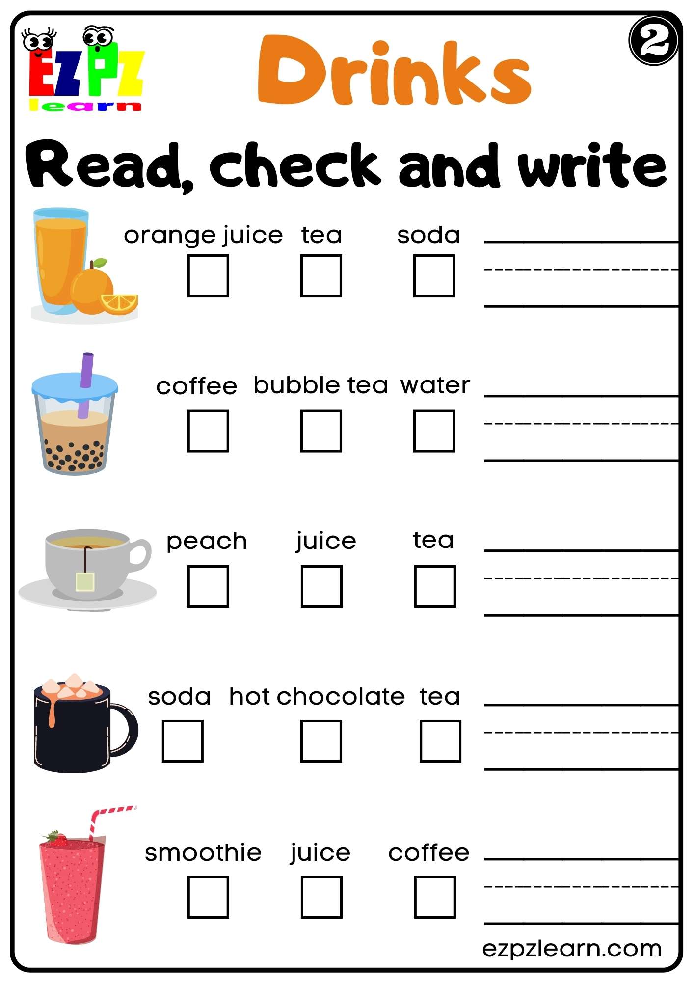 Drinks Read Check and Write Worksheet for Kids K5 and ESL PDF Download Set 2